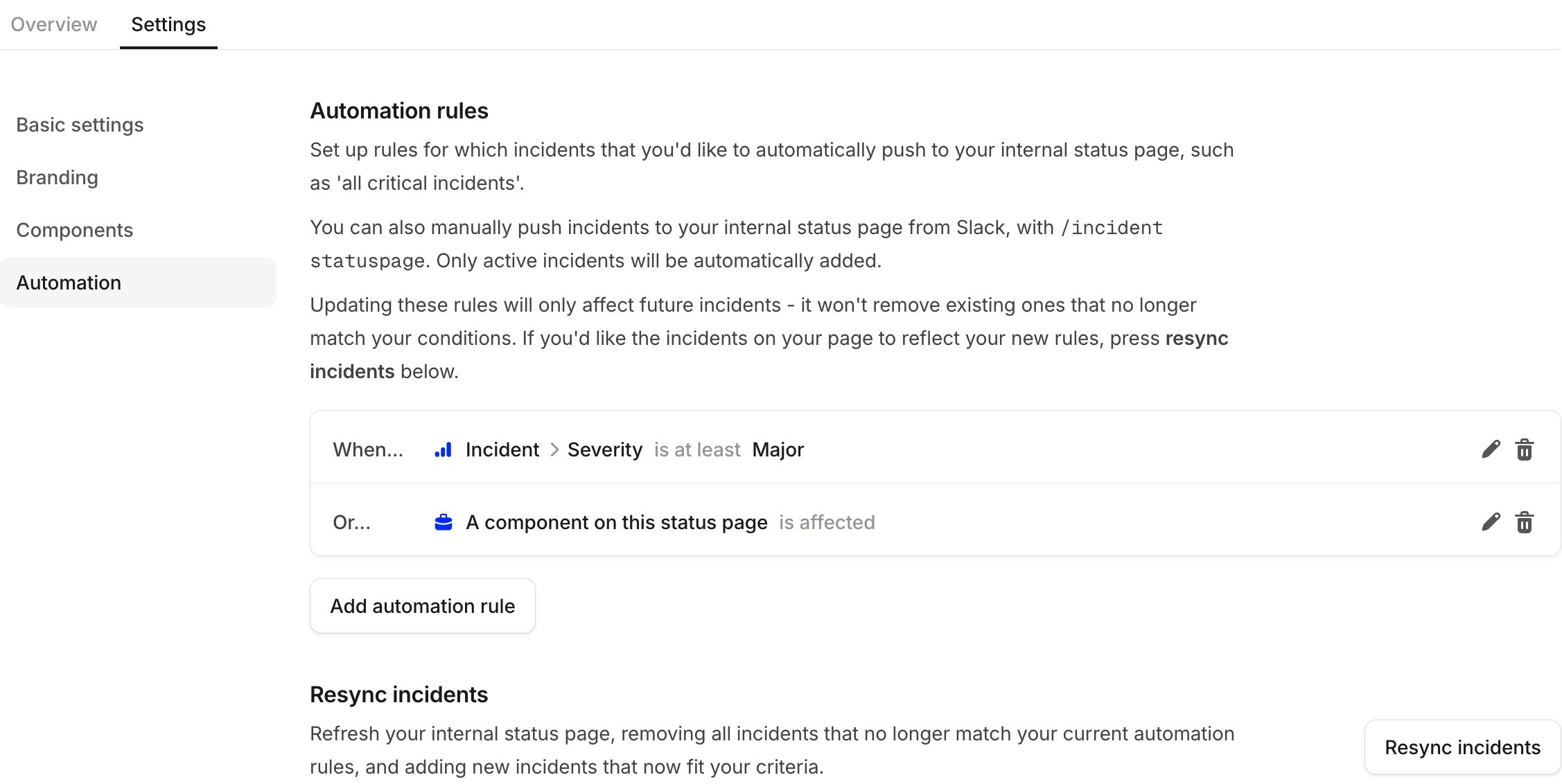 Automation tab of status page settings, with a default rule for components affected on this page