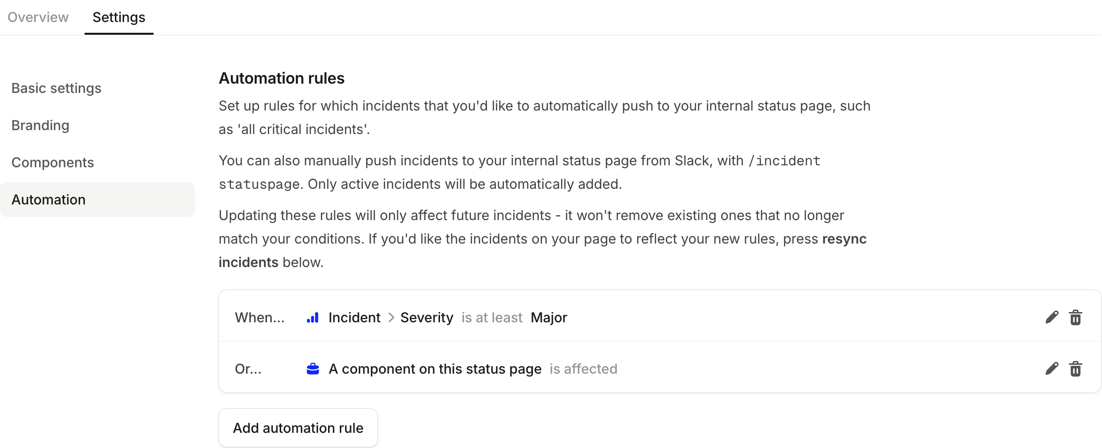 Automation rules list with edit and delete icons on each rule, and the Add automation rule button