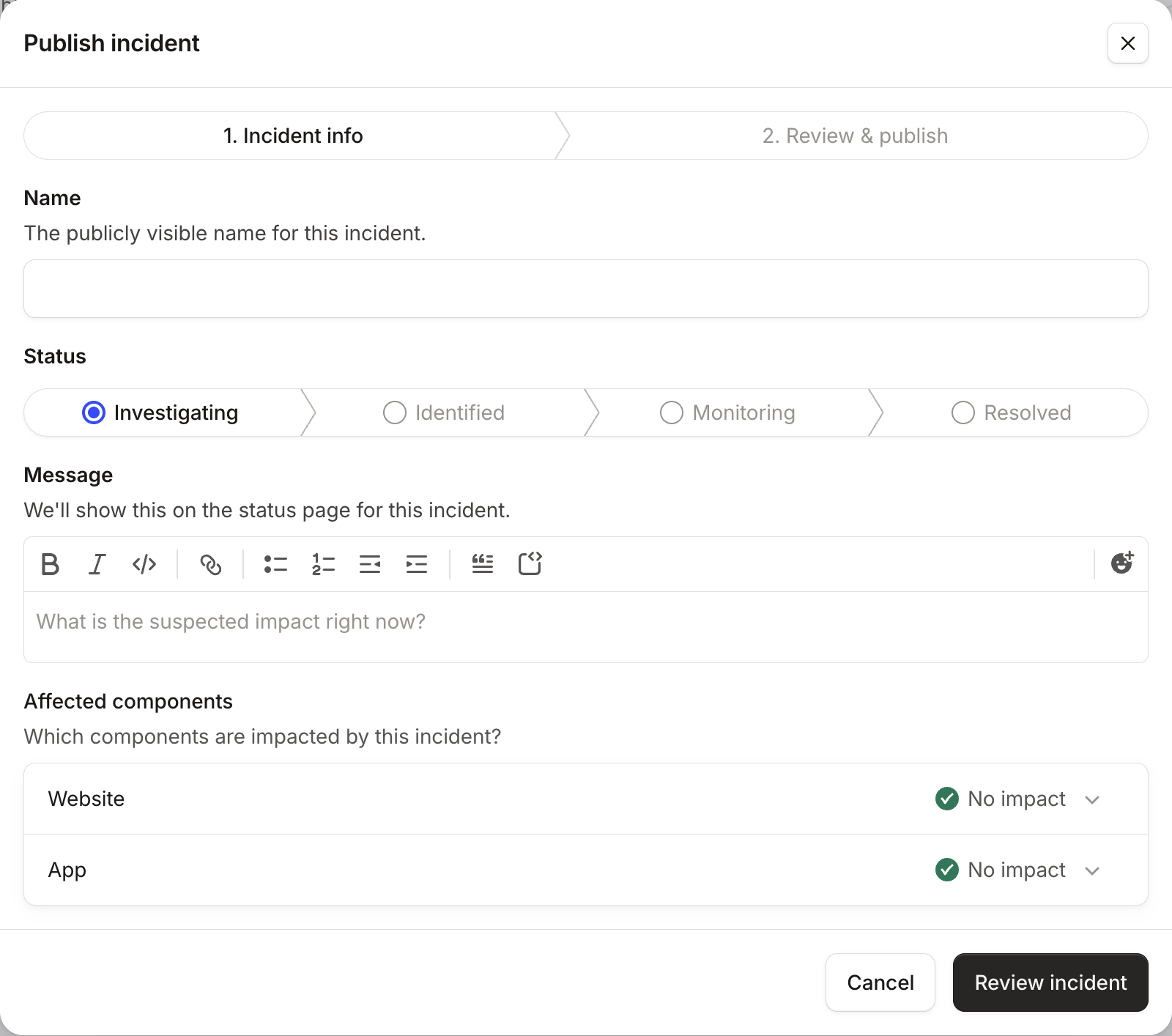 The Publish incident form at step 1, Incident info, with Name, Status, Message and Affected components