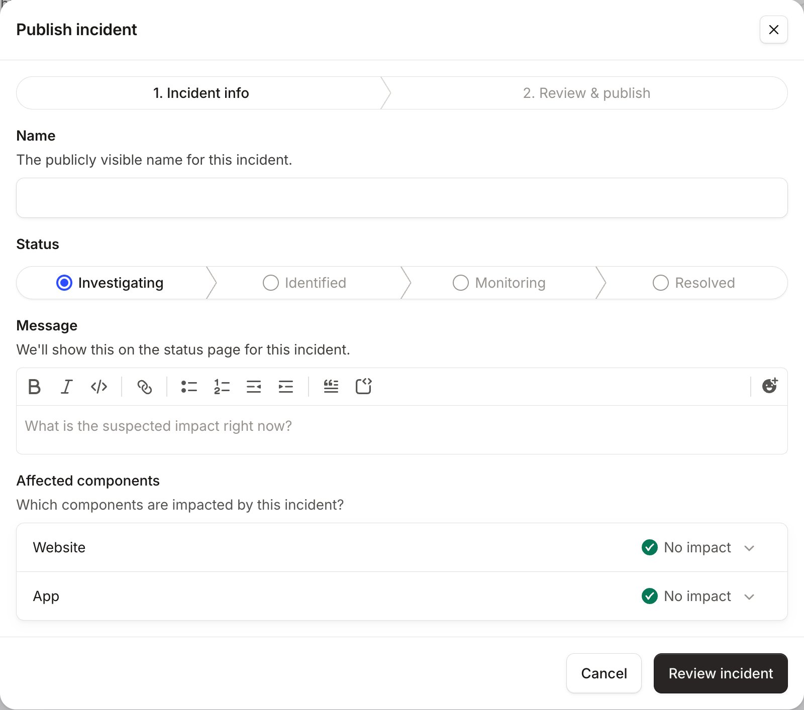 The Publish incident form at step 1, Incident info, with Name, Status, Message and Affected components
