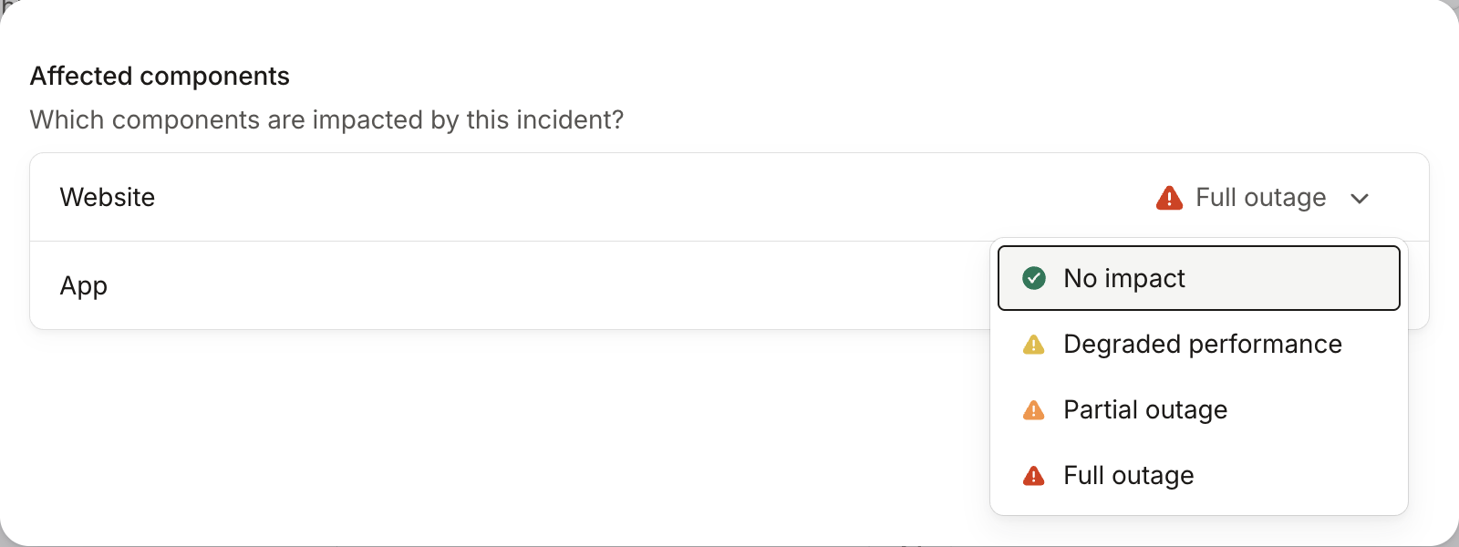 Component impact dropdown open on Website, offering No impact, Degraded performance, Partial outage and Full outage