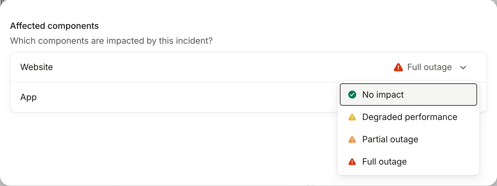 Component impact dropdown open on Website, offering No impact, Degraded performance, Partial outage and Full outage