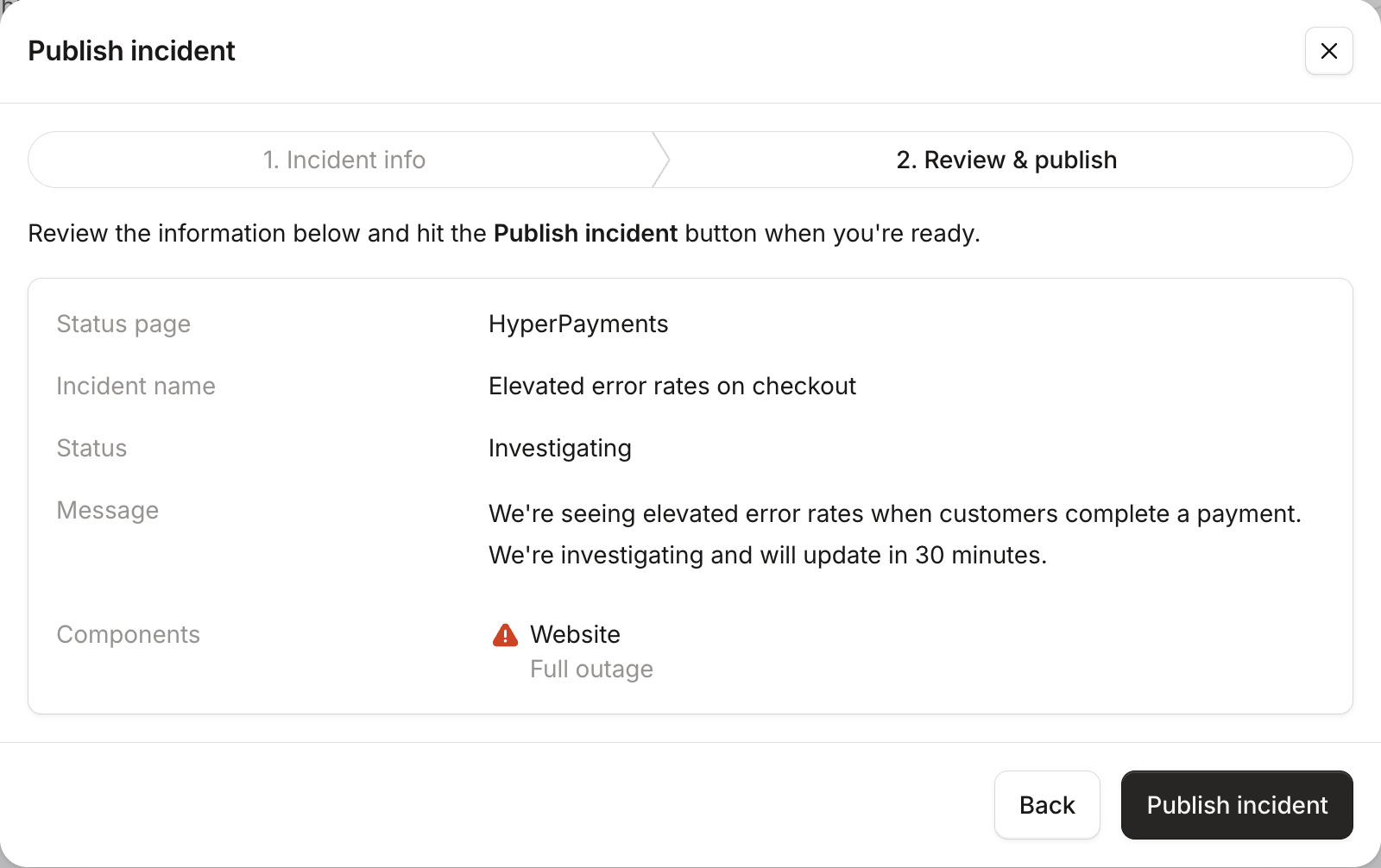 Step 2, Review & publish, summarising the name, status, message and Website at Full outage