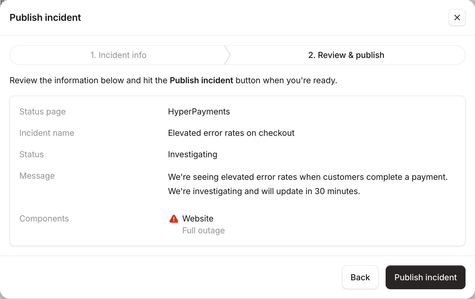 Step 2, Review & publish, summarising the name, status, message and Website at Full outage