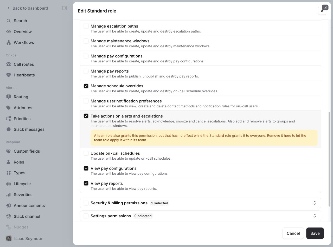 Editing the Standard role with the 'Take actions on alerts and escalations' permission
highlighted