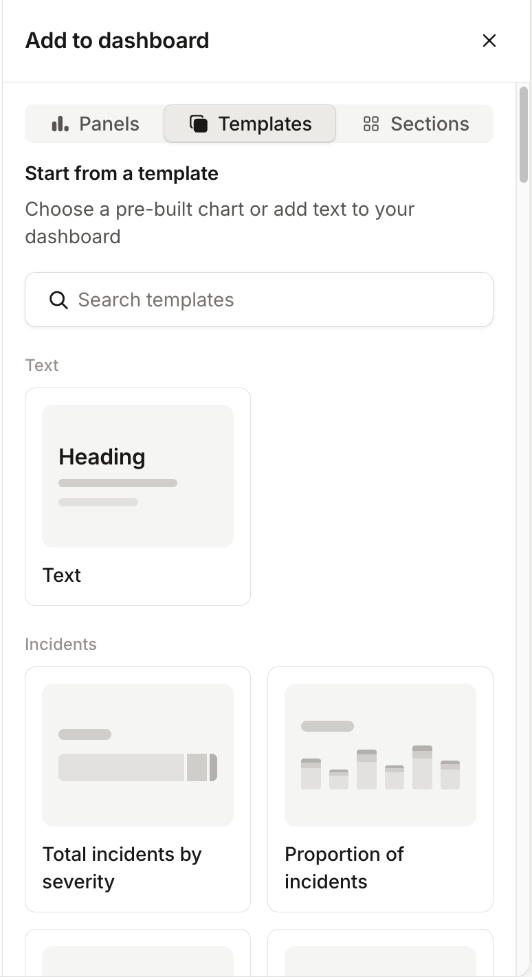 The Templates tab of the Add to dashboard sidebar, with a template search and pre-built charts such as Total
incidents by severity