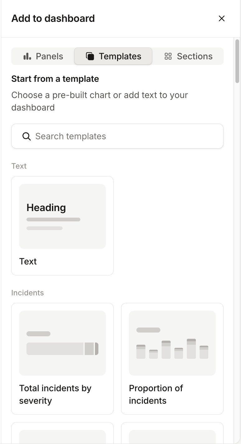 The Templates tab of the Add to dashboard sidebar, with a template search and pre-built charts such as Total
incidents by severity