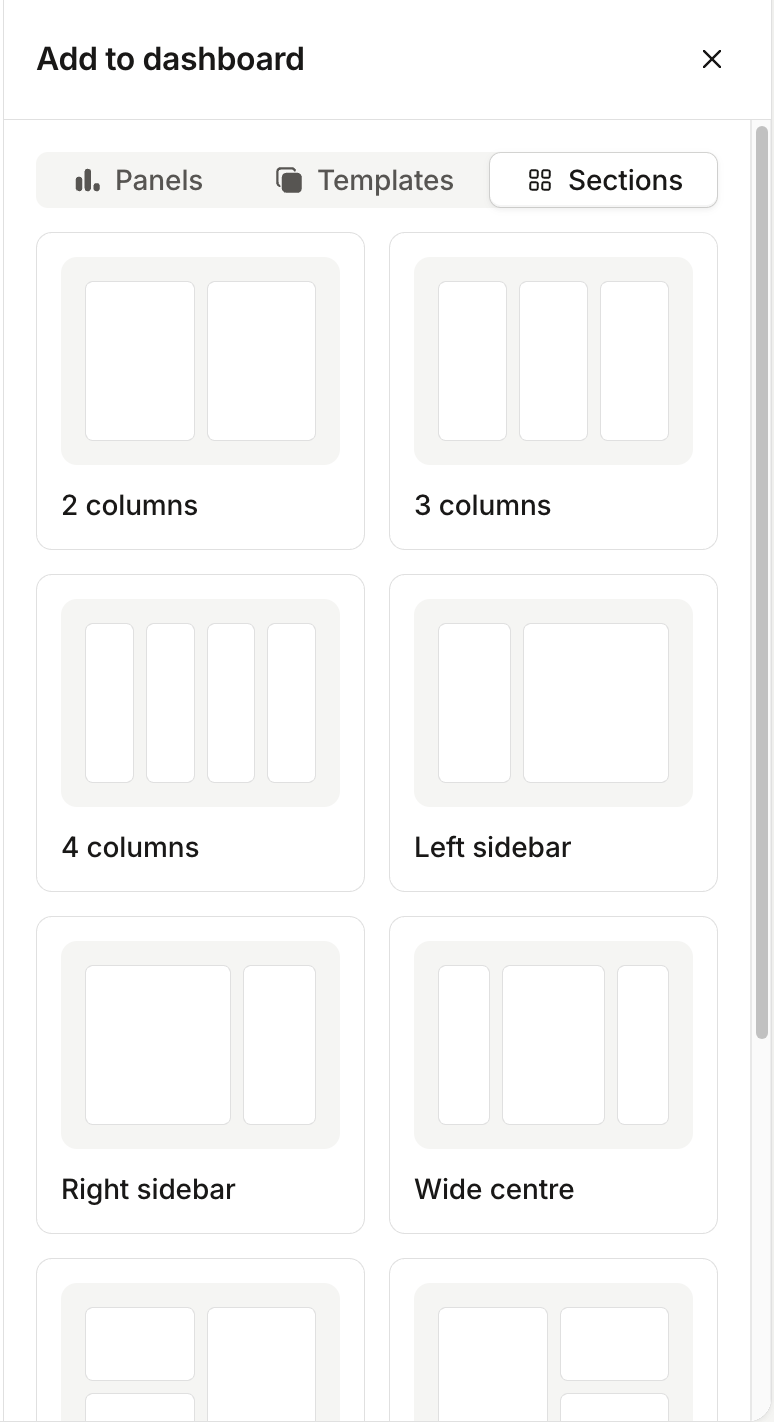 The Sections tab of the Add to dashboard sidebar, showing layouts such as 2 columns, 3 columns, 4 columns, Left
sidebar, Right sidebar and Wide centre