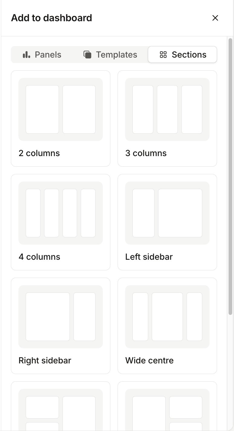 The Sections tab of the Add to dashboard sidebar, showing layouts such as 2 columns, 3 columns, 4 columns, Left
sidebar, Right sidebar and Wide centre