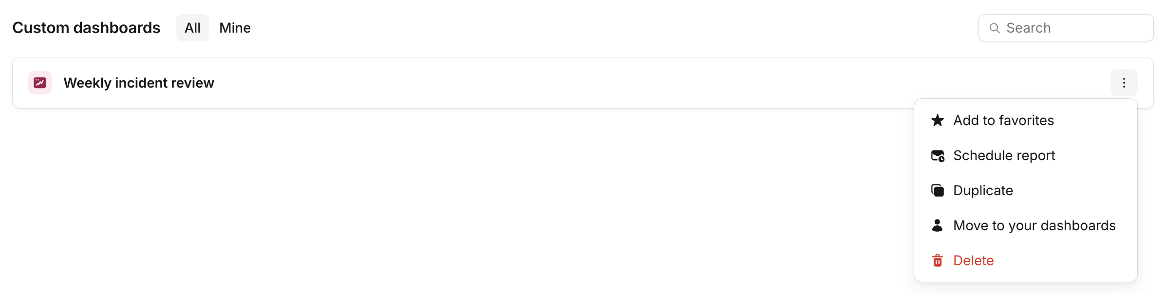 The Custom dashboards list with All and Mine tabs, and a dashboard's menu open showing Add to favorites, Schedule
report, Duplicate, Move to your dashboards and
Delete