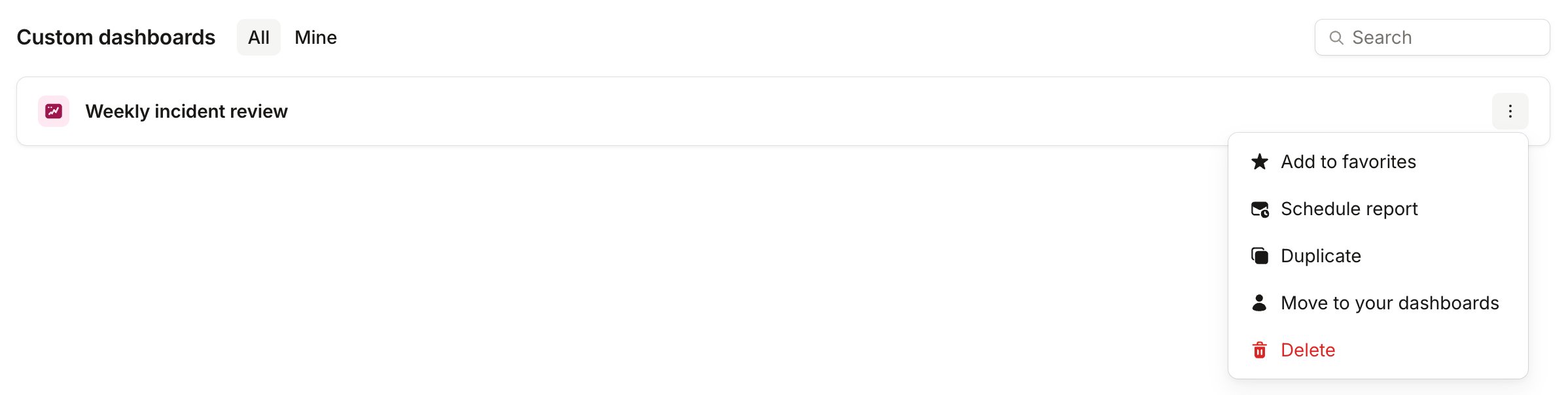 The Custom dashboards list with All and Mine tabs, and a dashboard's menu open showing Add to favorites, Schedule
report, Duplicate, Move to your dashboards and
Delete