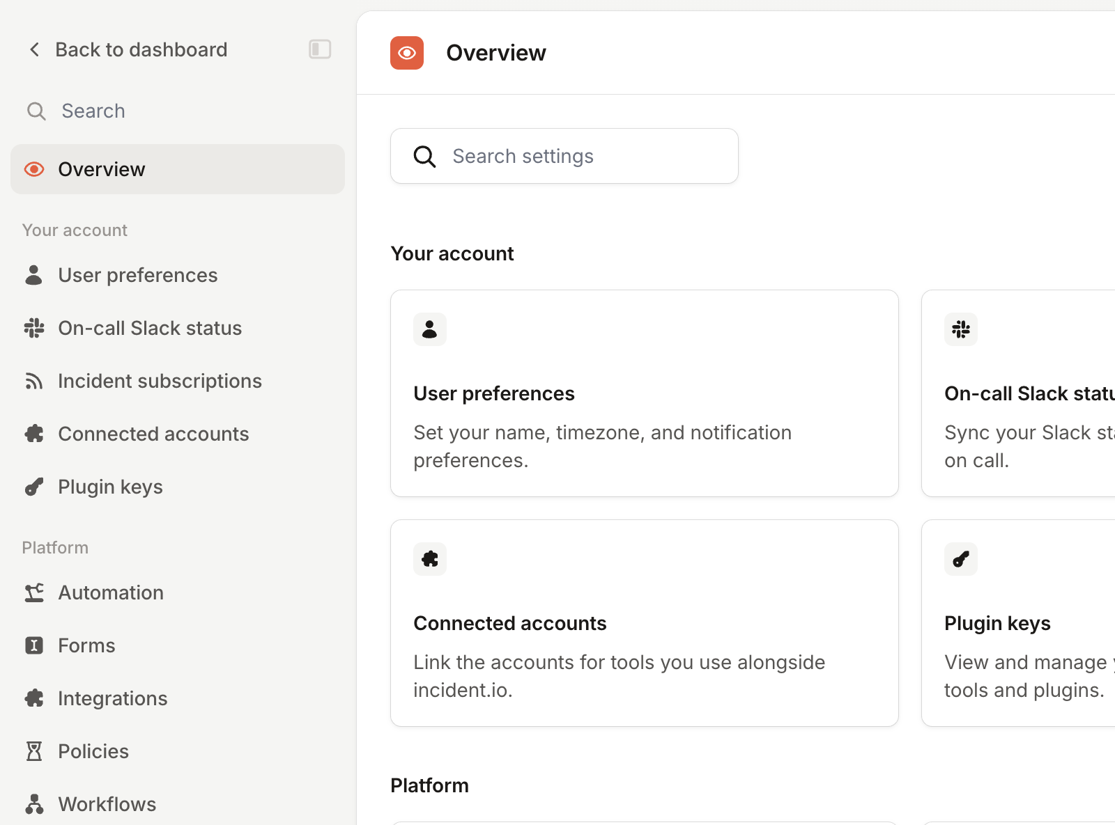 Settings overview with User preferences listed under Your account