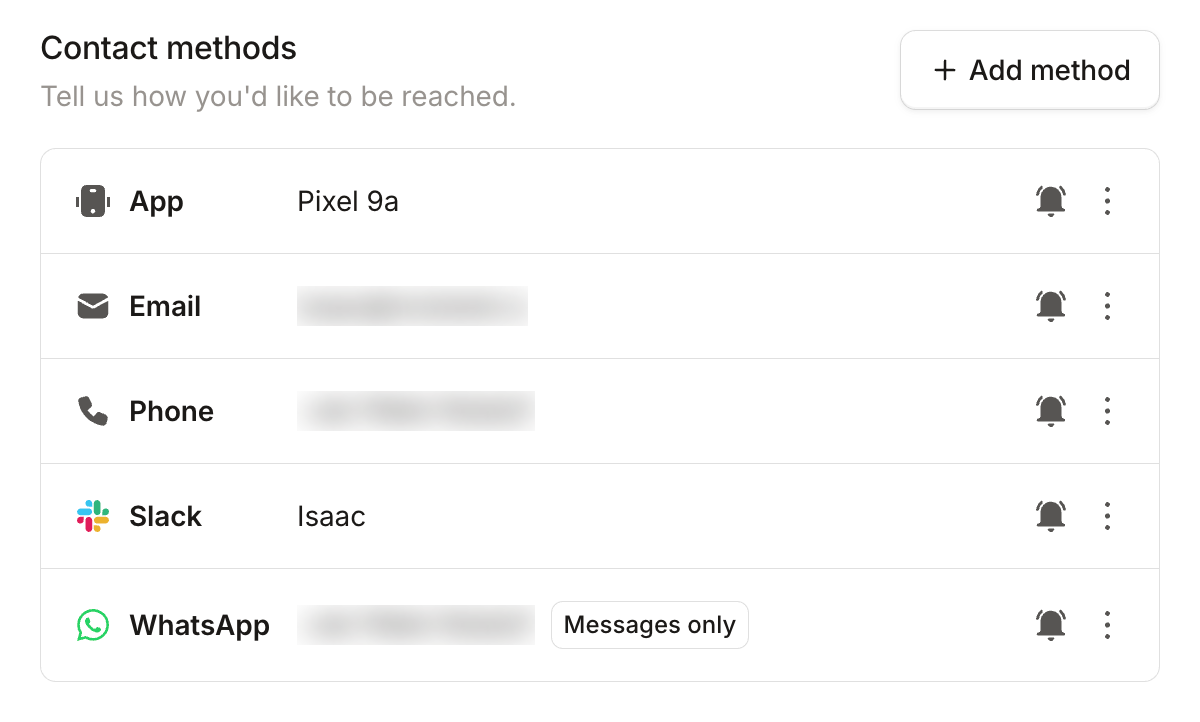 Contact methods listing app, email, phone, Slack and WhatsApp, each with a test notification bell