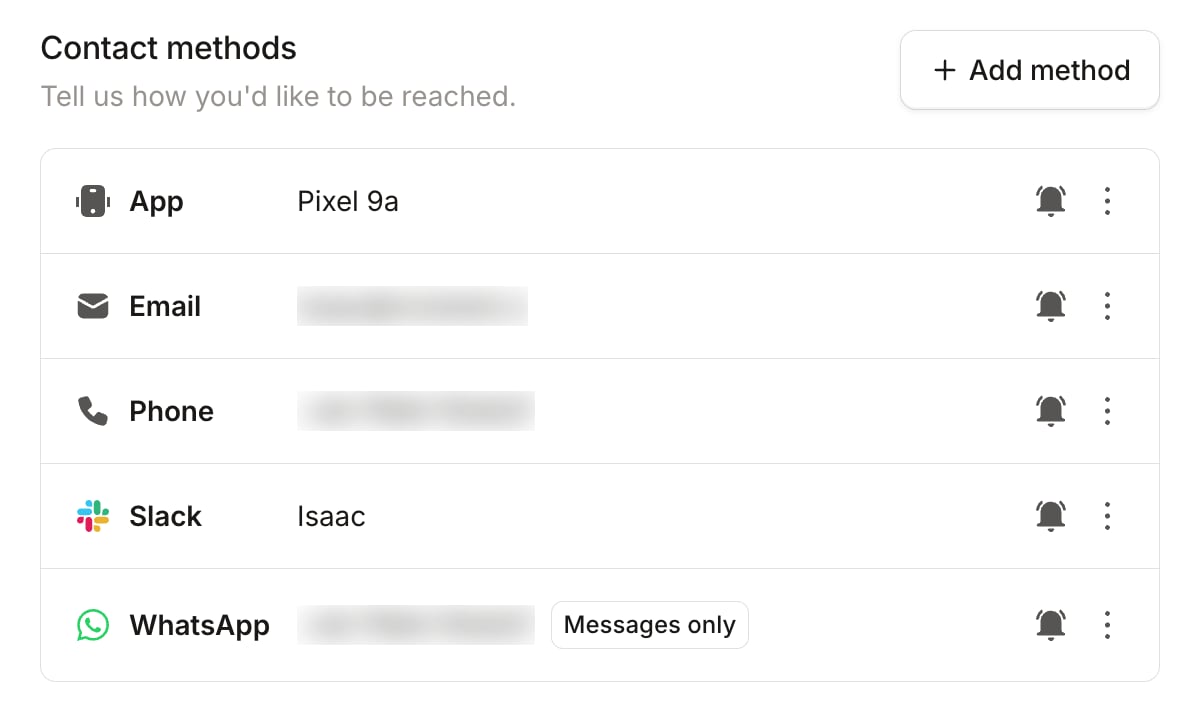 Contact methods listing app, email, phone, Slack and WhatsApp, each with a test notification bell