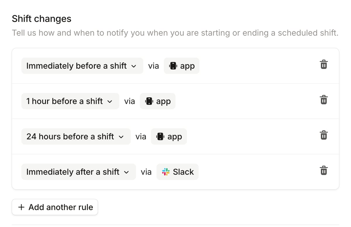 Shift changes rules notifying before a shift starts and when it ends