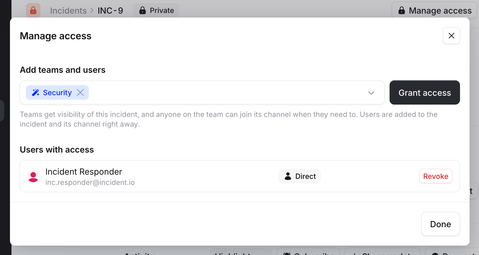 The Manage access button on the incident homepage