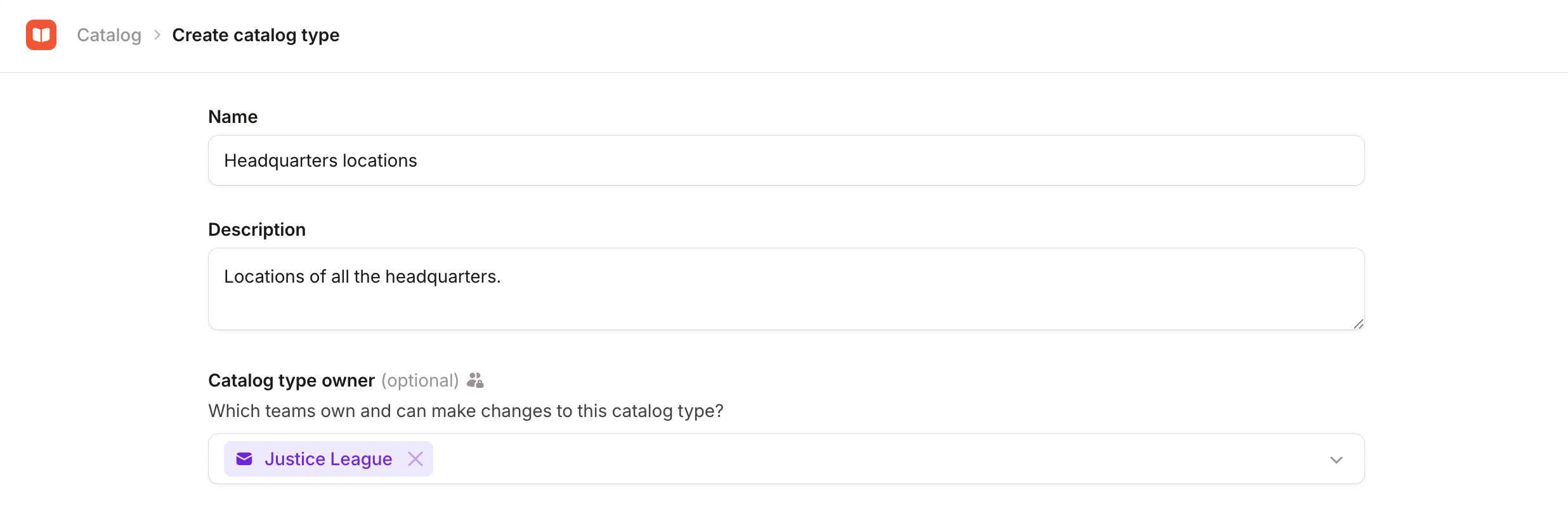 The Catalog type owner field on the catalog type form, with a team
selected