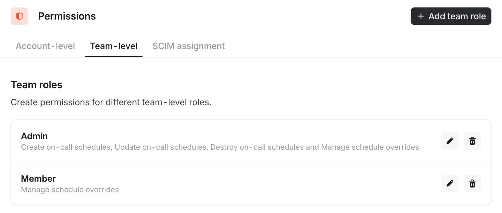 Team roles list showing Admin and Member roles with their
permissions