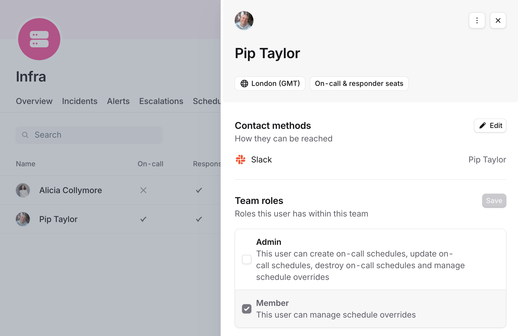 Editing a team member's roles with Admin and Member options