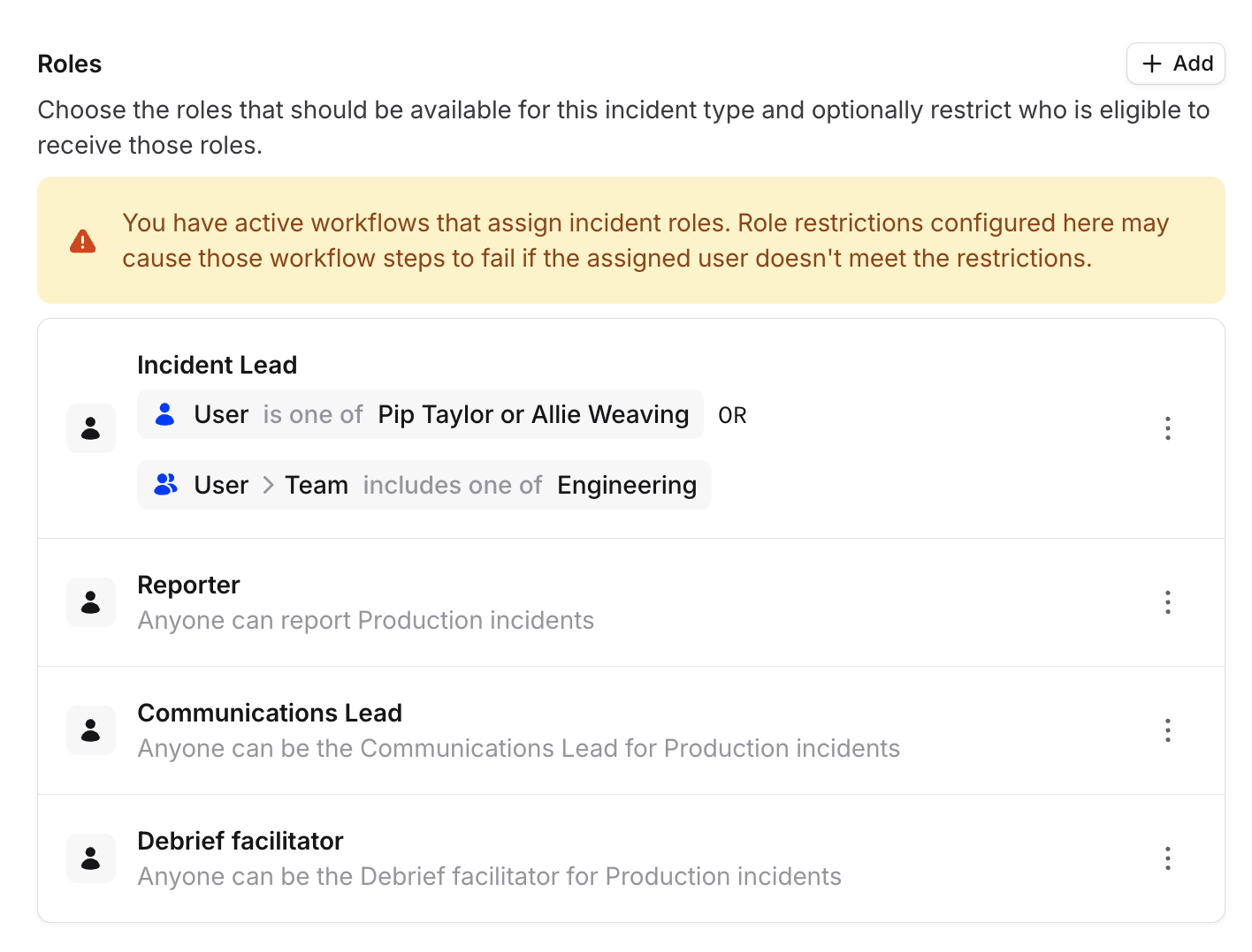 Roles section with restrictions applied