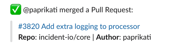 An image showing incident.io notifying the incident channel when a PR is merged.