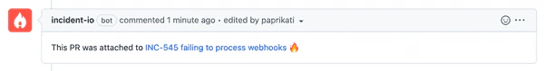 An image showing incident.io commenting on a GitHub Pull Request.