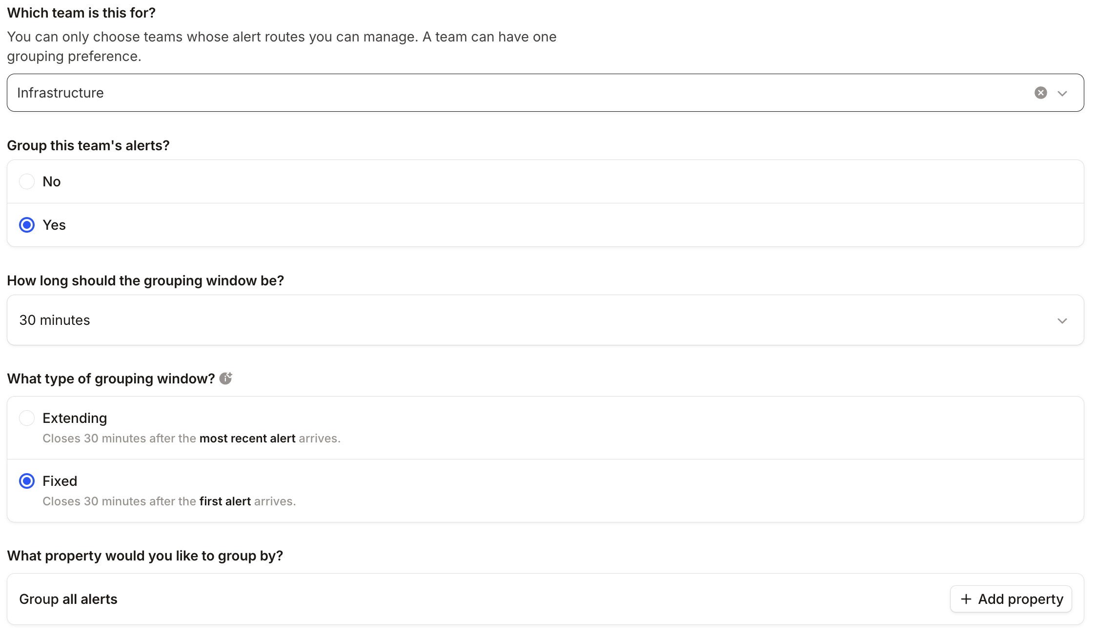 The Create grouping preference drawer, with the Infrastructure team selected, grouping turned on, a fixed 30-minute
window, and all of the team's alerts grouped
together