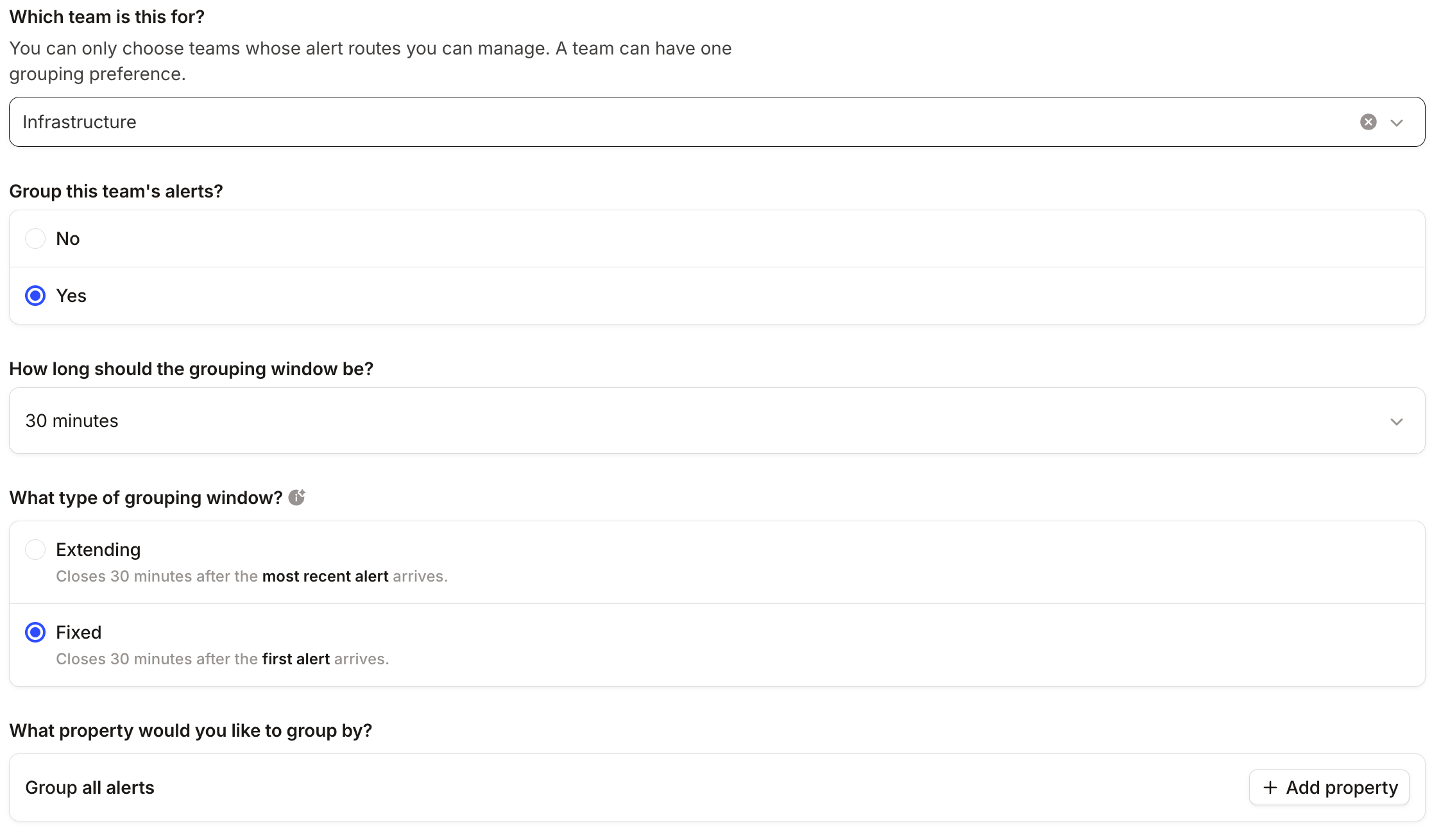 The Create grouping preference drawer, with the Infrastructure team selected, grouping turned on, a fixed 30-minute
window, and all of the team's alerts grouped
together