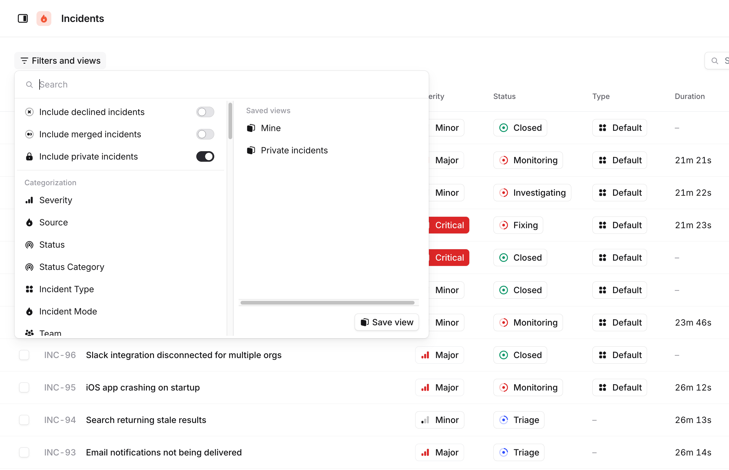The Include private incidents toggle on the incidents dashboard