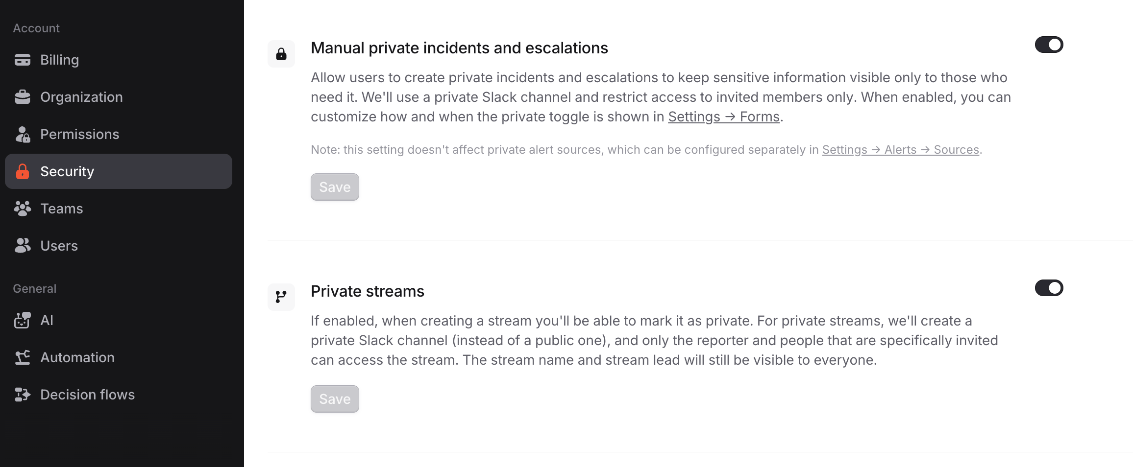 Enabling private incidents in security settings