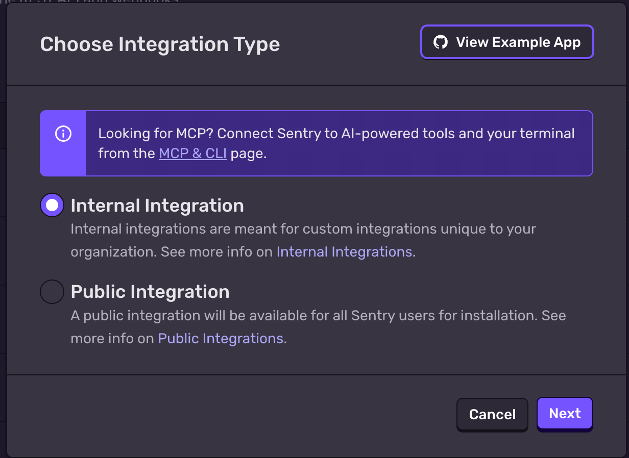 Choose Integration Type dialog with Internal Integration selected
