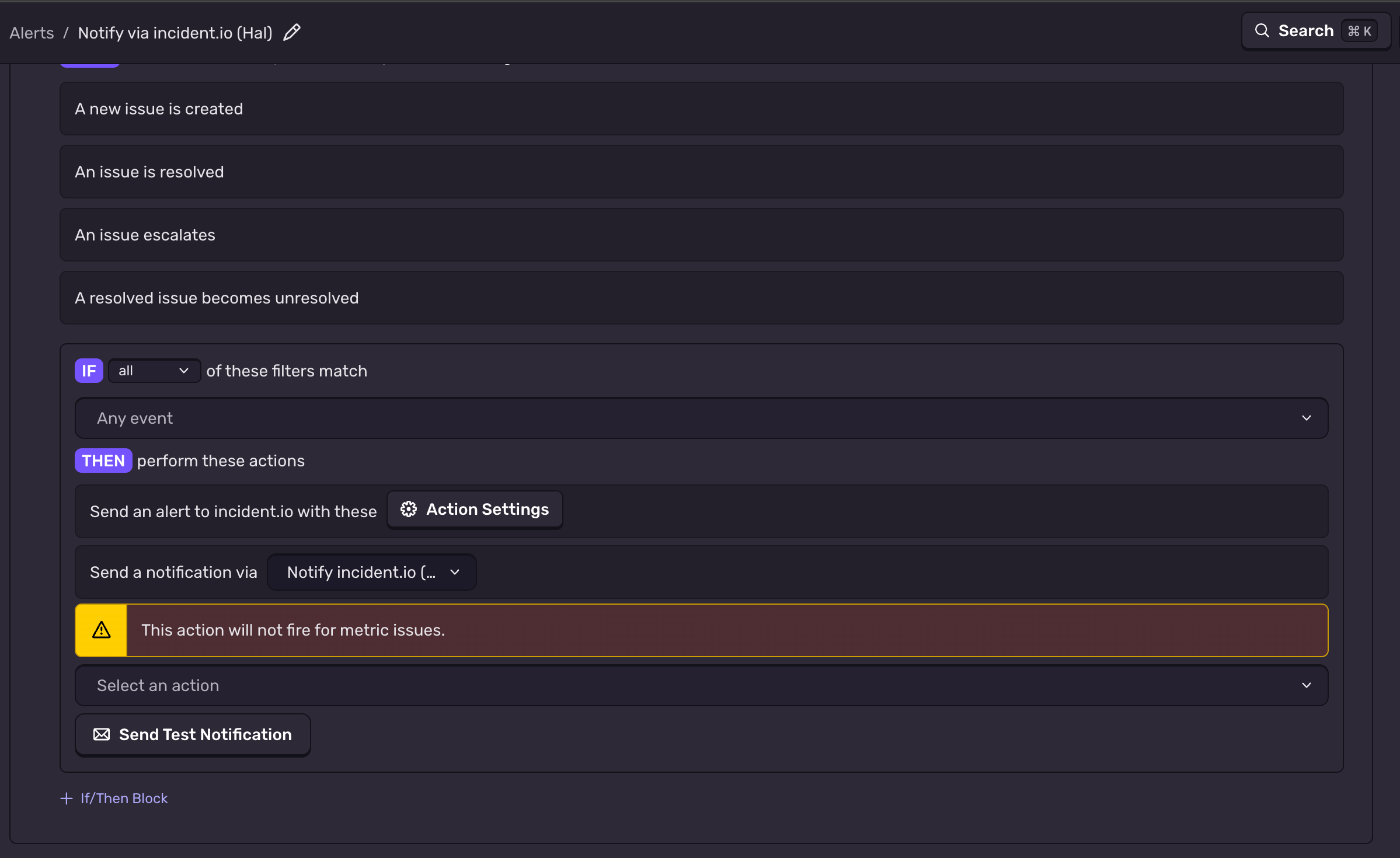 Alert rule editor showing the action that notifies incident.io