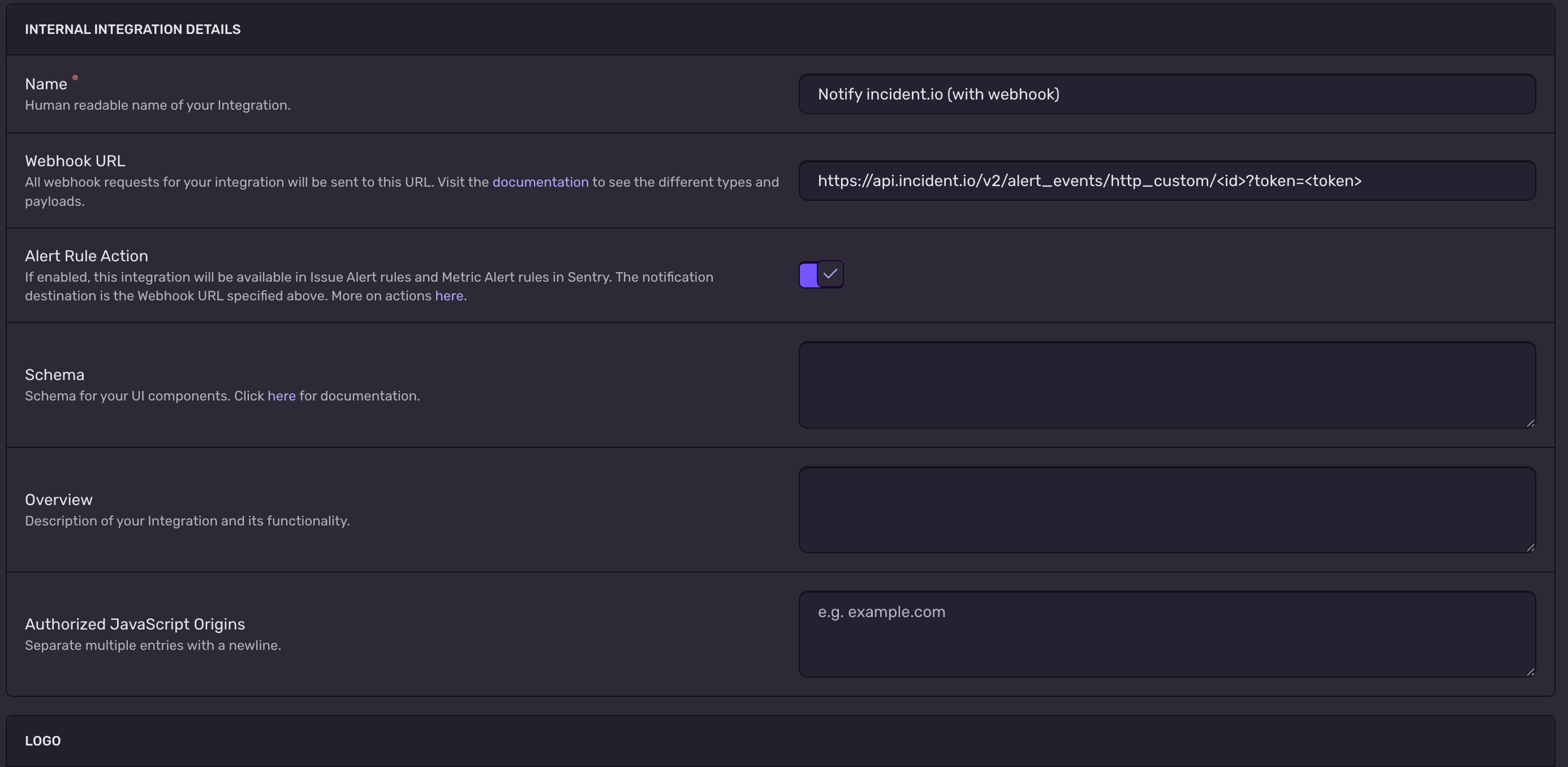 Internal integration details showing name, webhook URL, and Alert Rule Action enabled