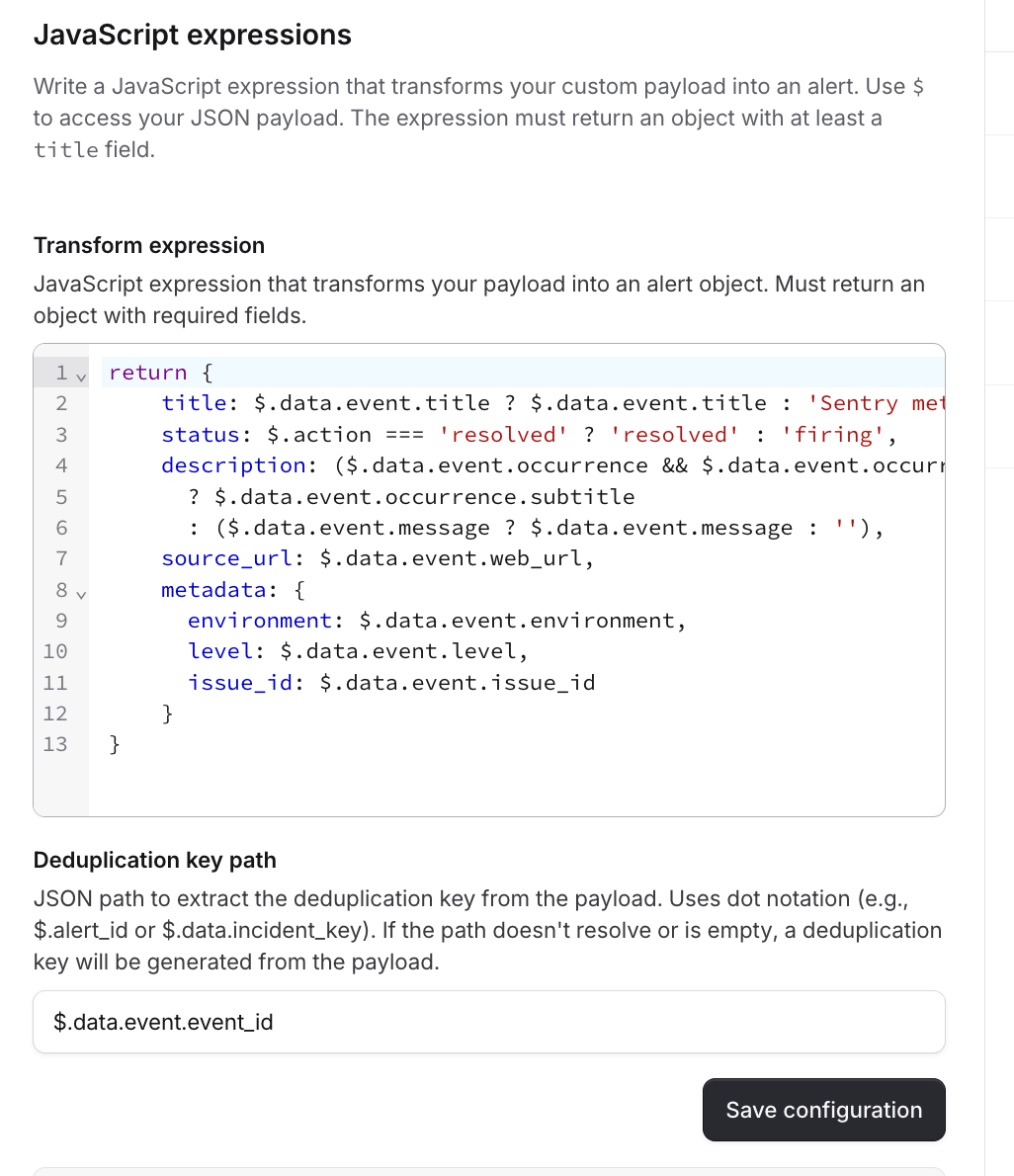 JavaScript expressions panel in incident.io showing the transform expression and deduplication key path