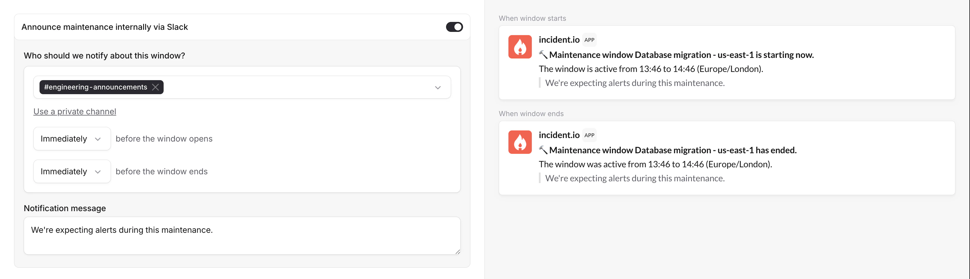 Slack announcement configuration and message previews