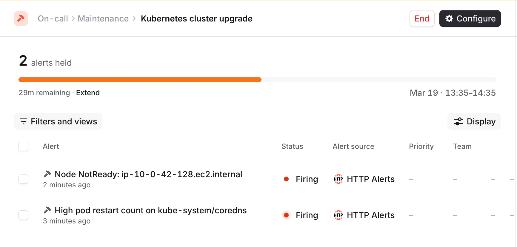 Active maintenance window showing held alerts