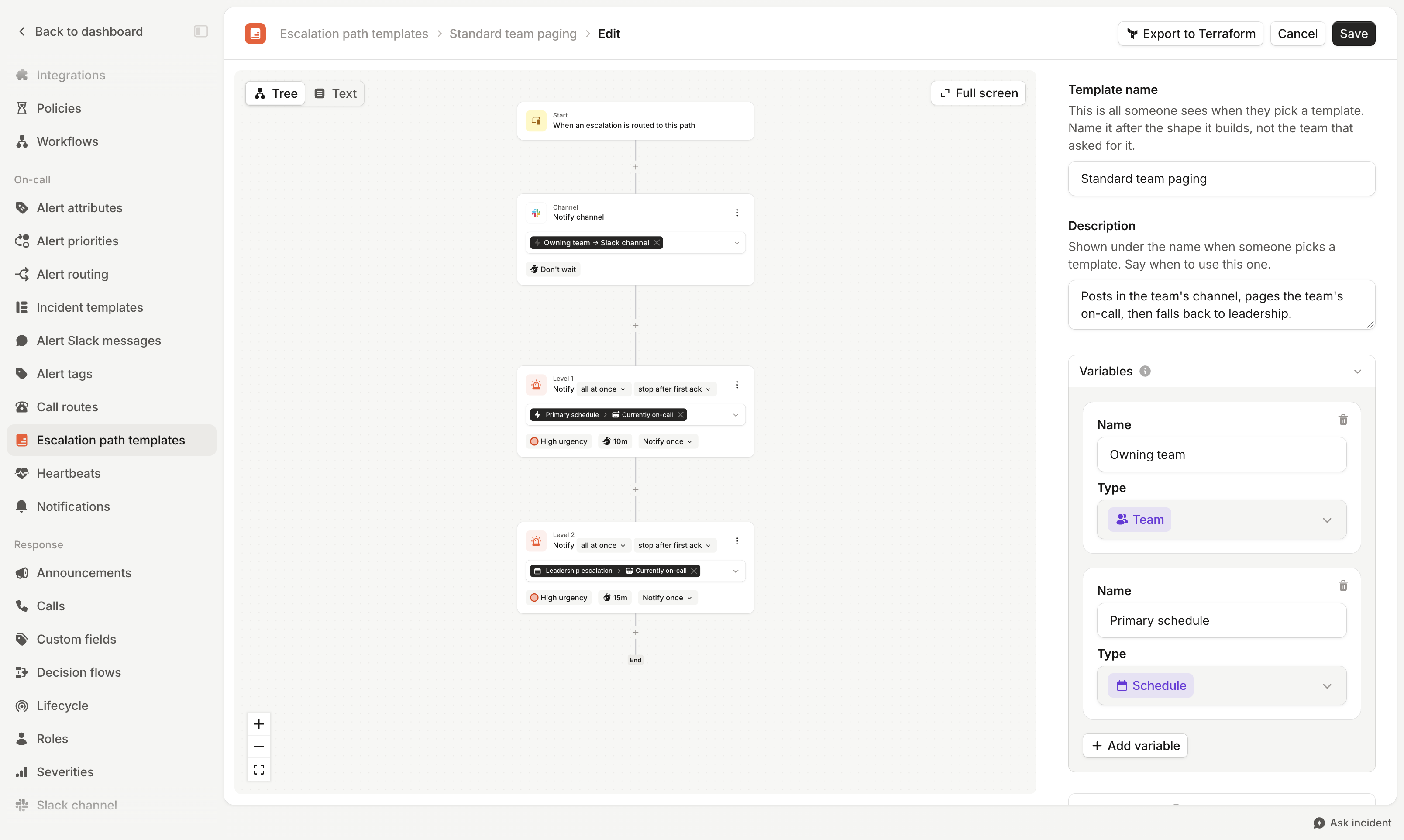 The template editor for a Standard team paging template. It posts in the owning team's Slack channel, pages the
primary schedule, then falls back to a leadership schedule. The Owning team and Primary schedule variables are in the
side panel.
