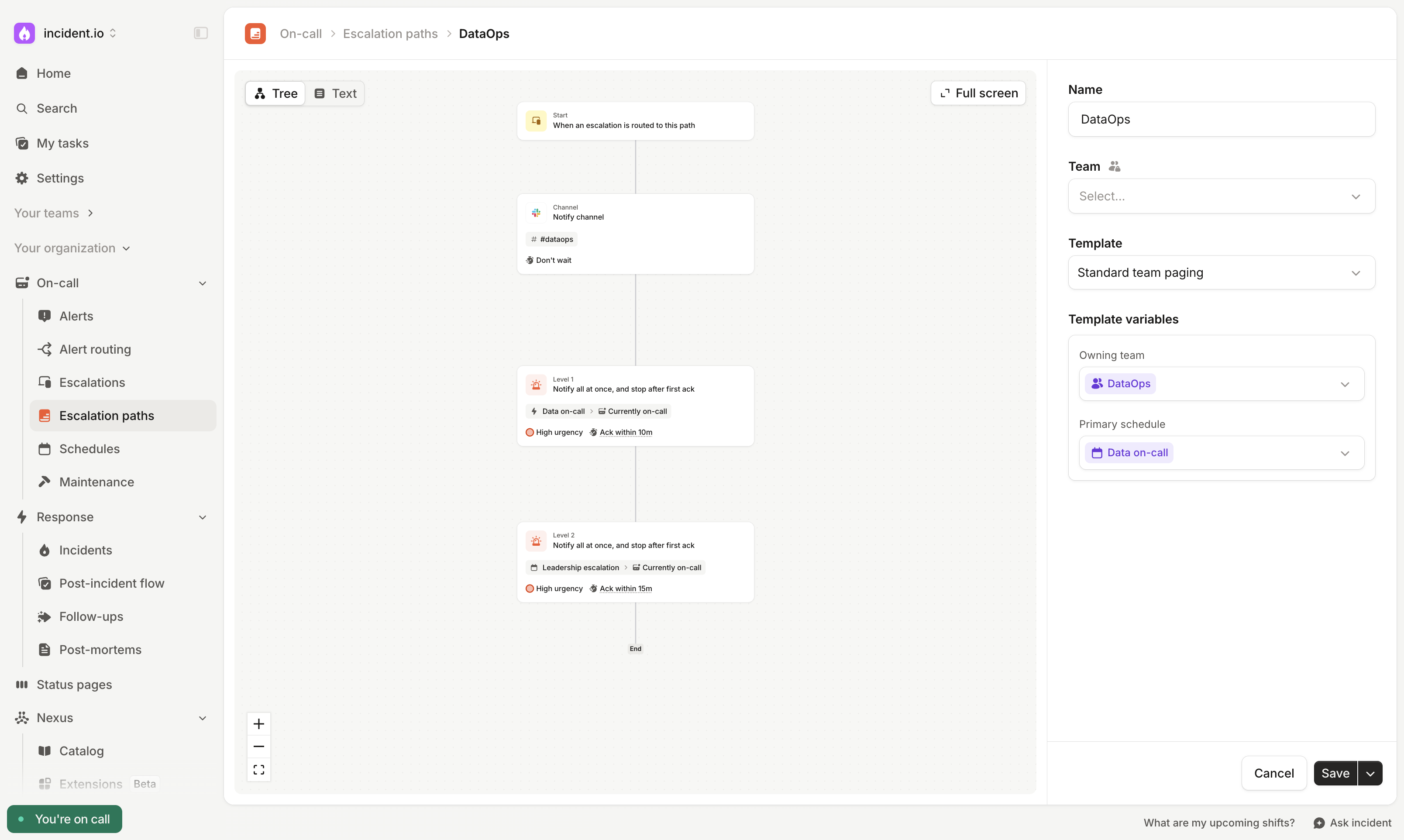 The DataOps escalation path, created from the Standard team paging template. Owning team is set to DataOps and
Primary schedule to Data on-call, so the path posts in #dataops and pages the Data on-call
schedule.
