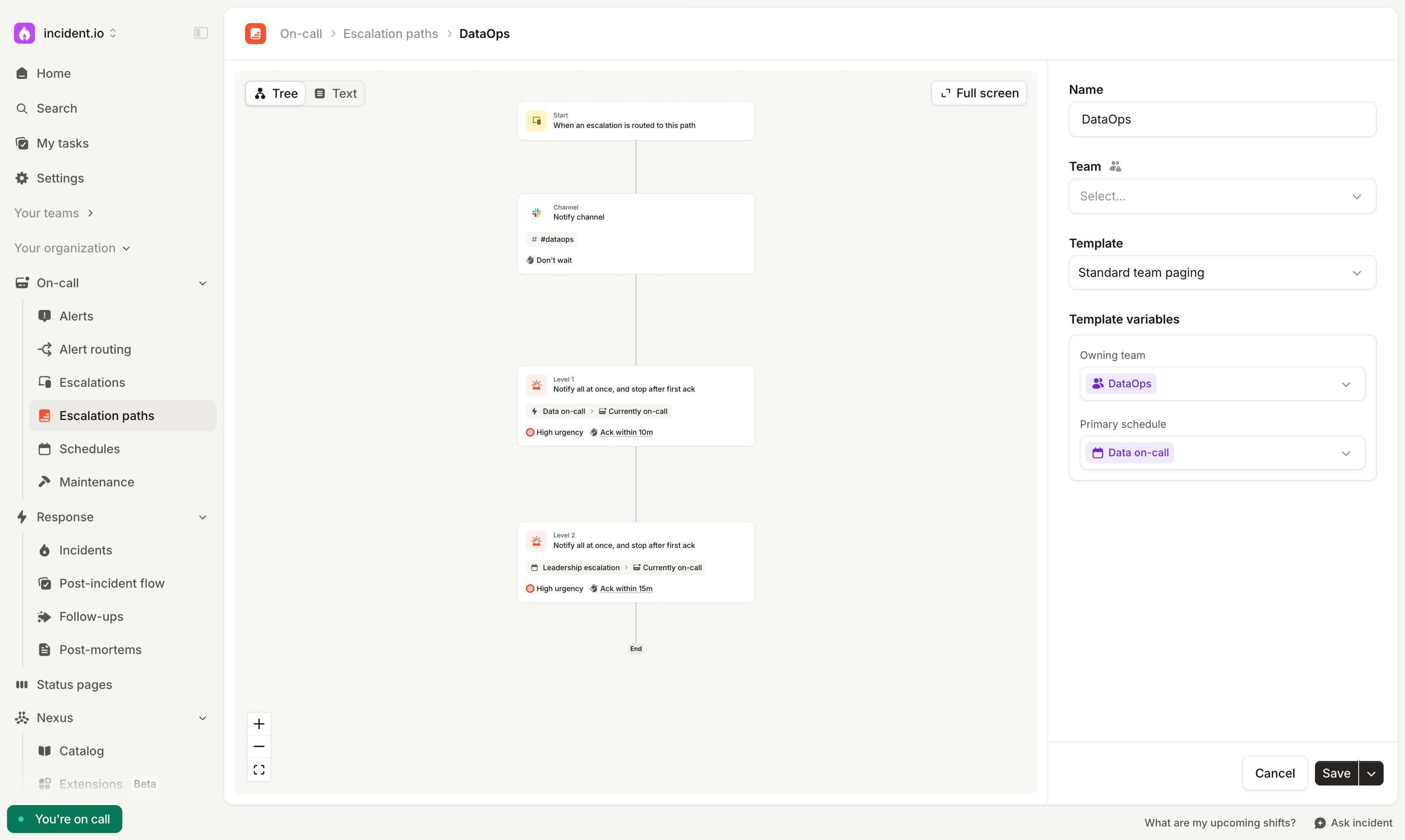 The DataOps escalation path, created from the Standard team paging template. Owning team is set to DataOps and
Primary schedule to Data on-call, so the path posts in #dataops and pages the Data on-call
schedule.