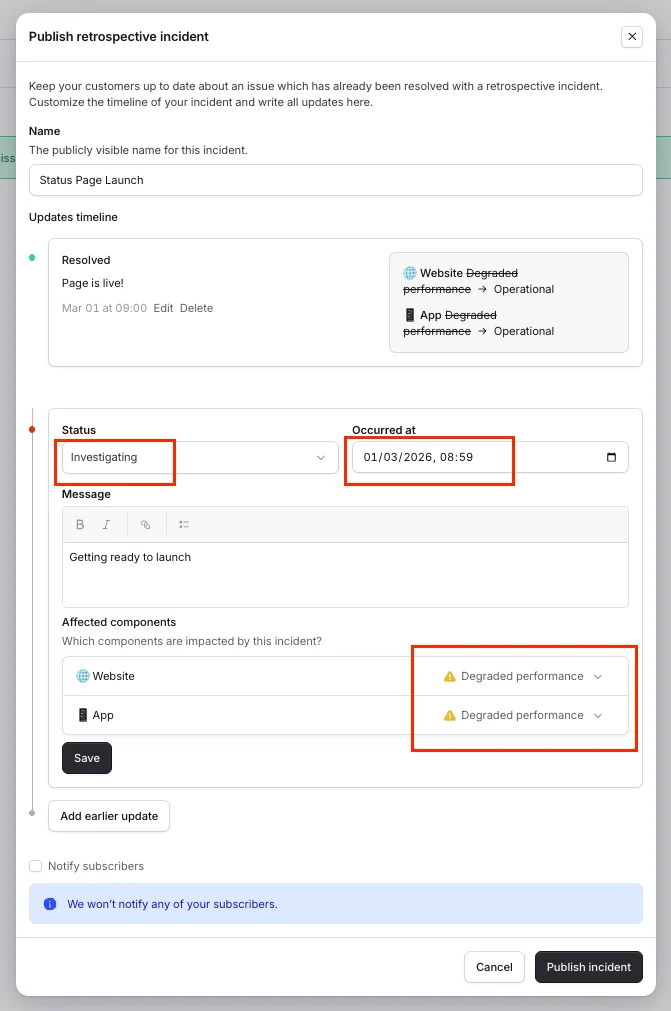 The earlier update set to Investigating with both components set to Degraded performance