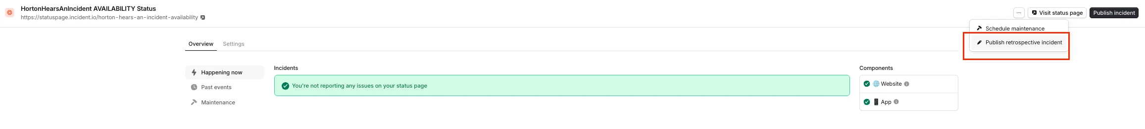 The status page dashboard with the options menu open and Publish retrospective incident highlighted