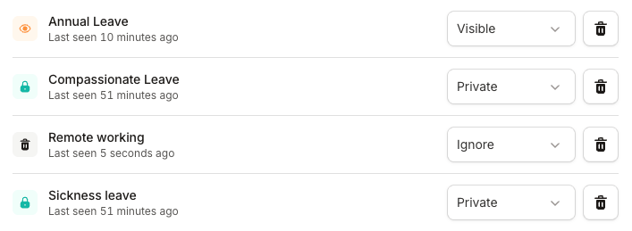 Time off policies settings, with each policy set to Visible, Private, or
Ignore