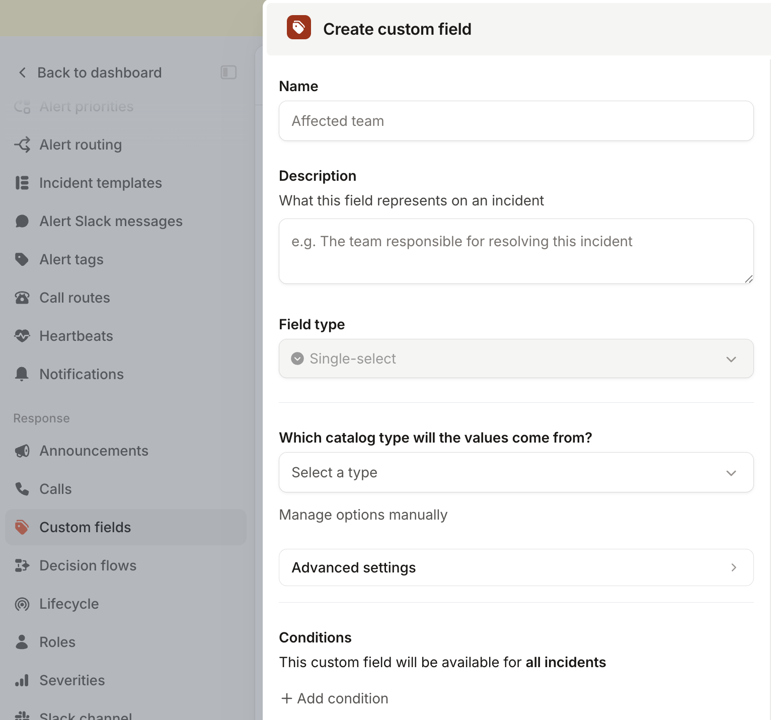 The Create custom field modal with Single-select chosen, asking which catalog type the values will come from, and a
Manage options manually link
below