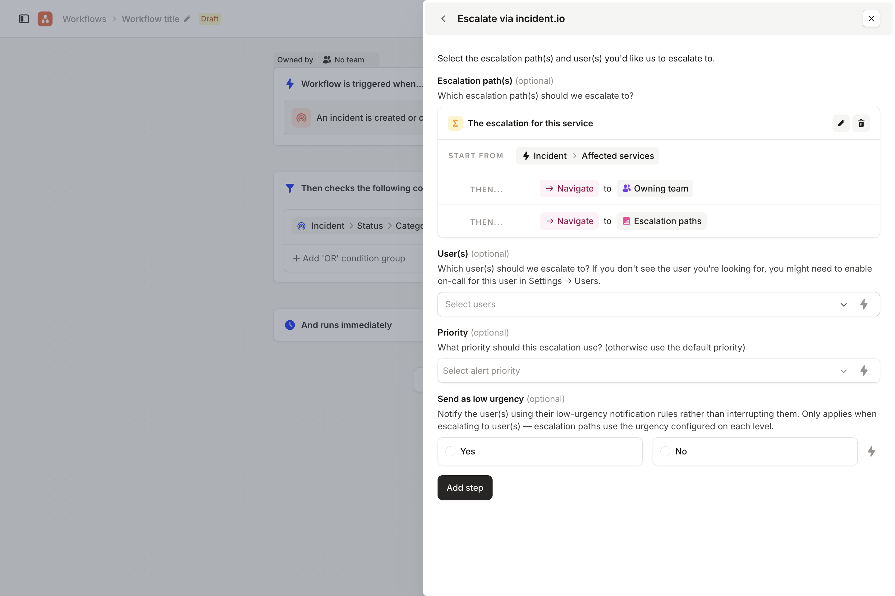 The Escalate via incident.io drawer, with an expression from Affected services to Owning team to Escalation paths