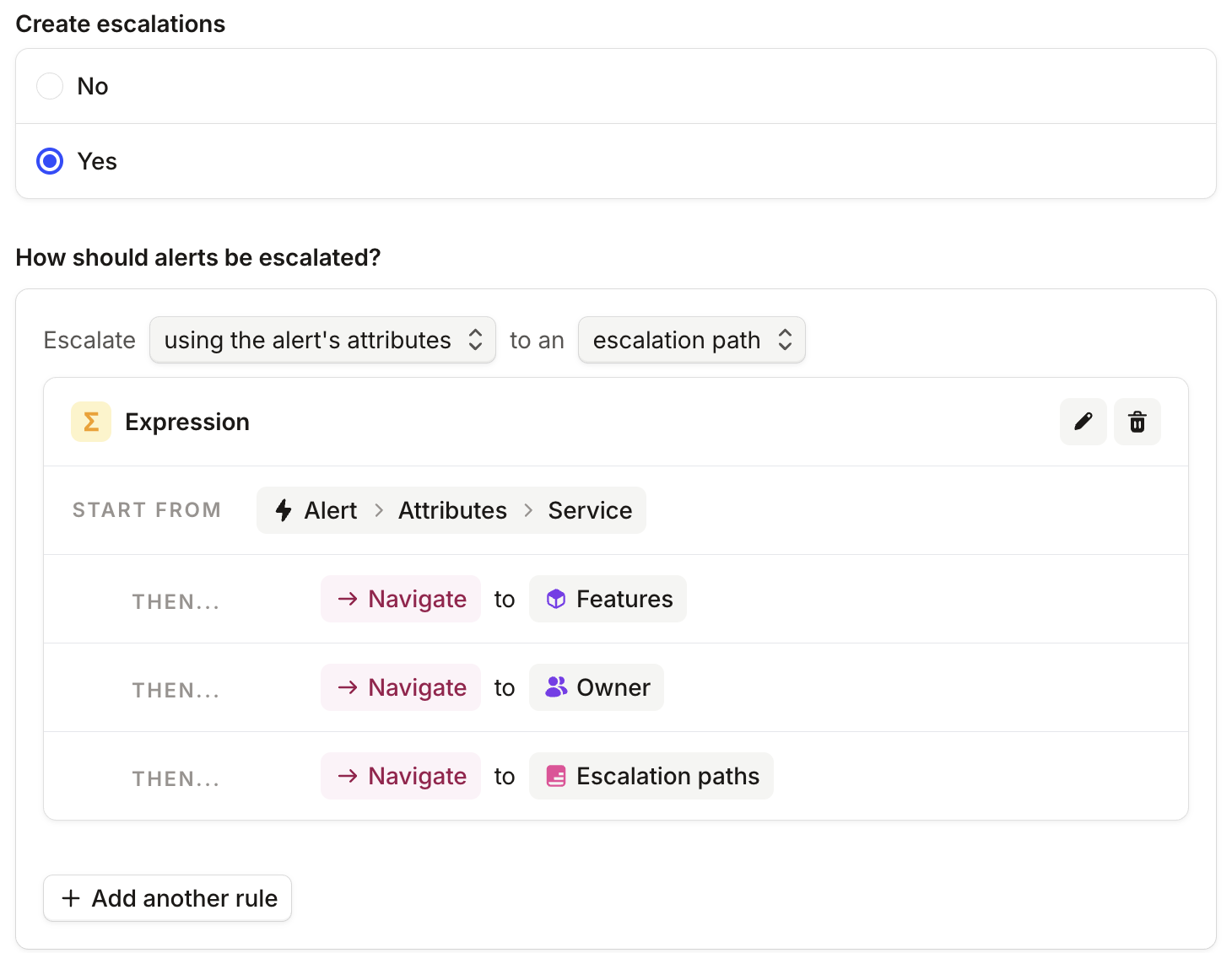 An alert route with Create escalations set to Yes, escalating via an expression from Service to Escalation paths