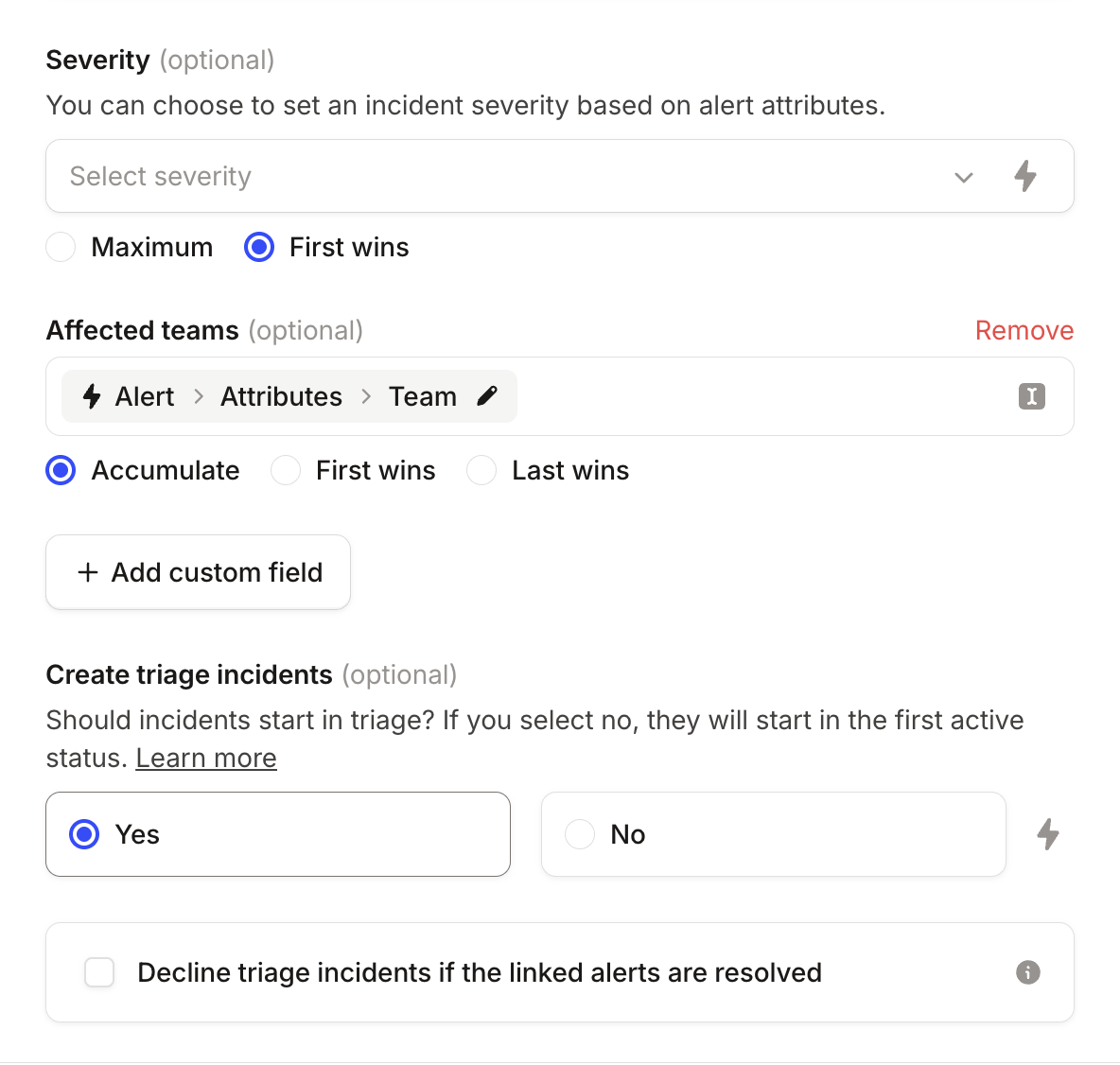 Alert route settings with Affected teams set to Alert, Attributes, Team