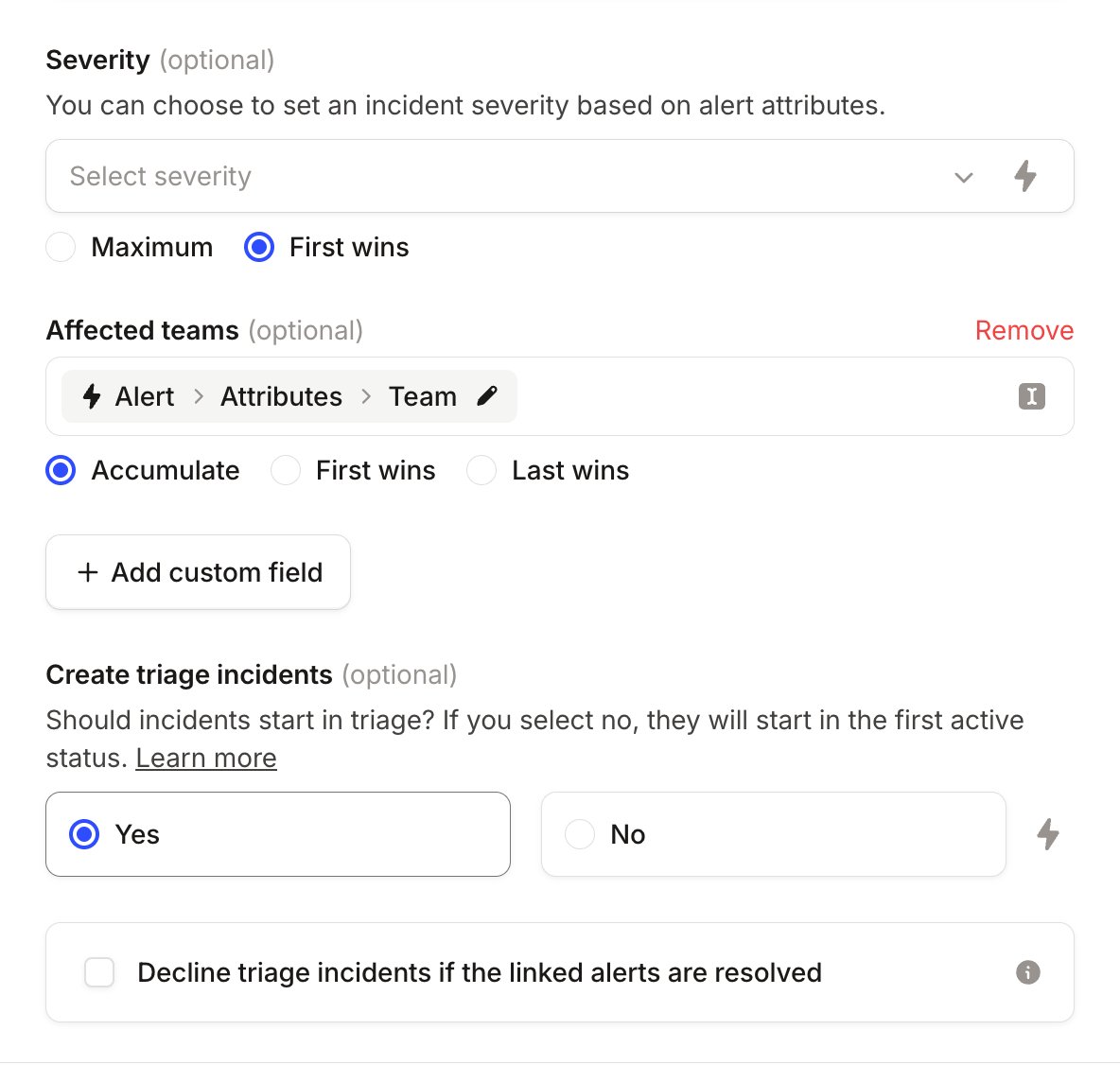 Alert route settings with Affected teams set to Alert, Attributes, Team