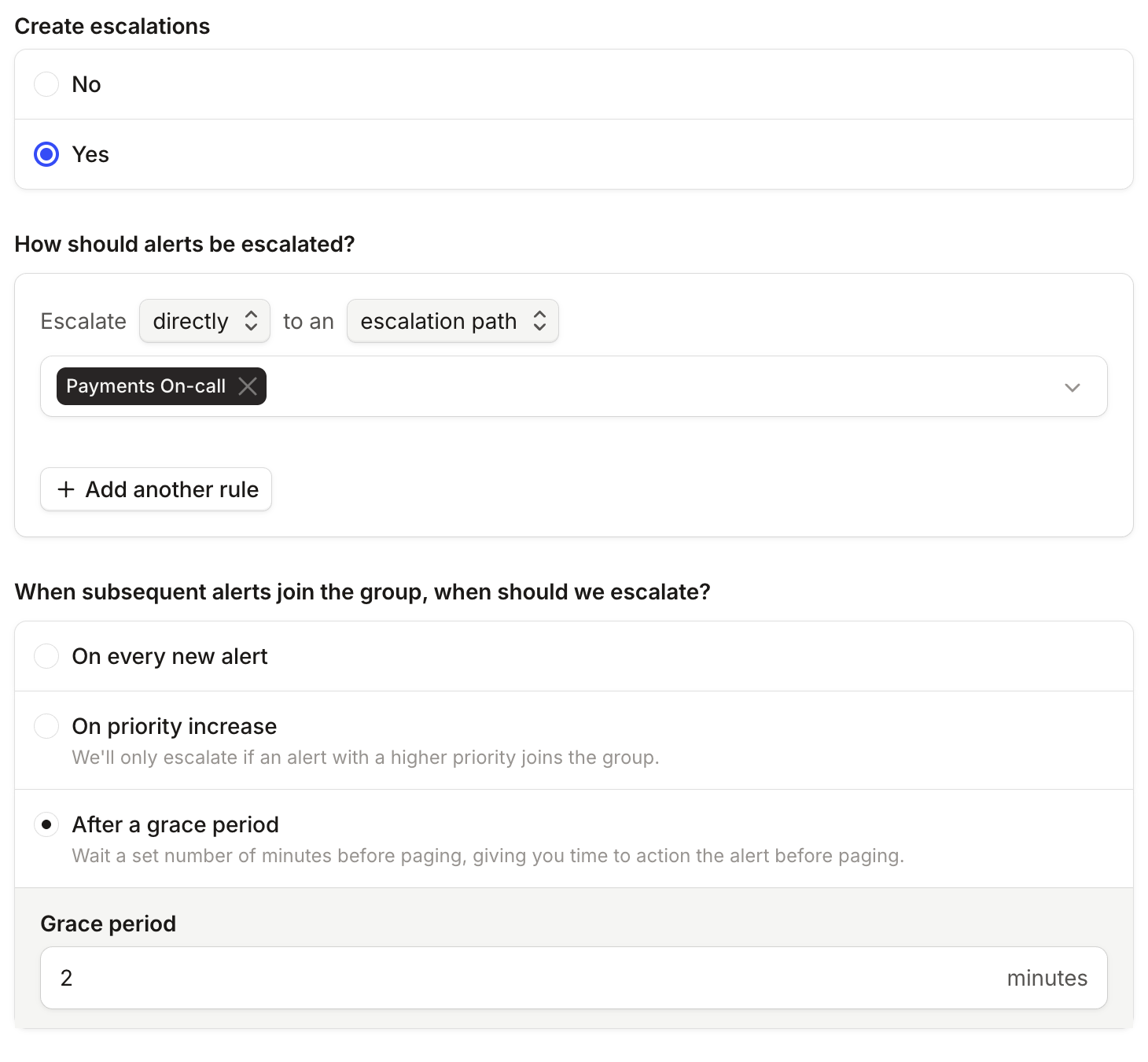 Alert route settings with Create escalations set to Yes, escalating directly to the Payments On-call path