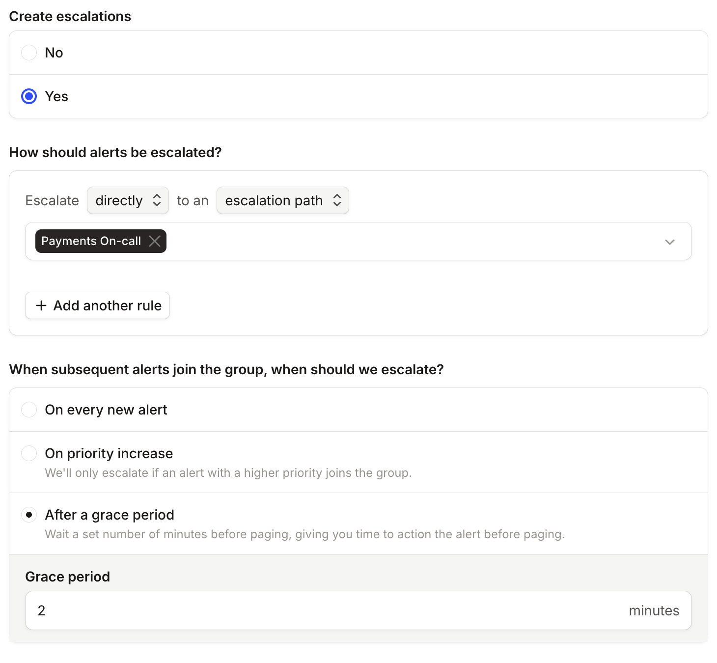 Alert route settings with Create escalations set to Yes, escalating directly to the Payments On-call path