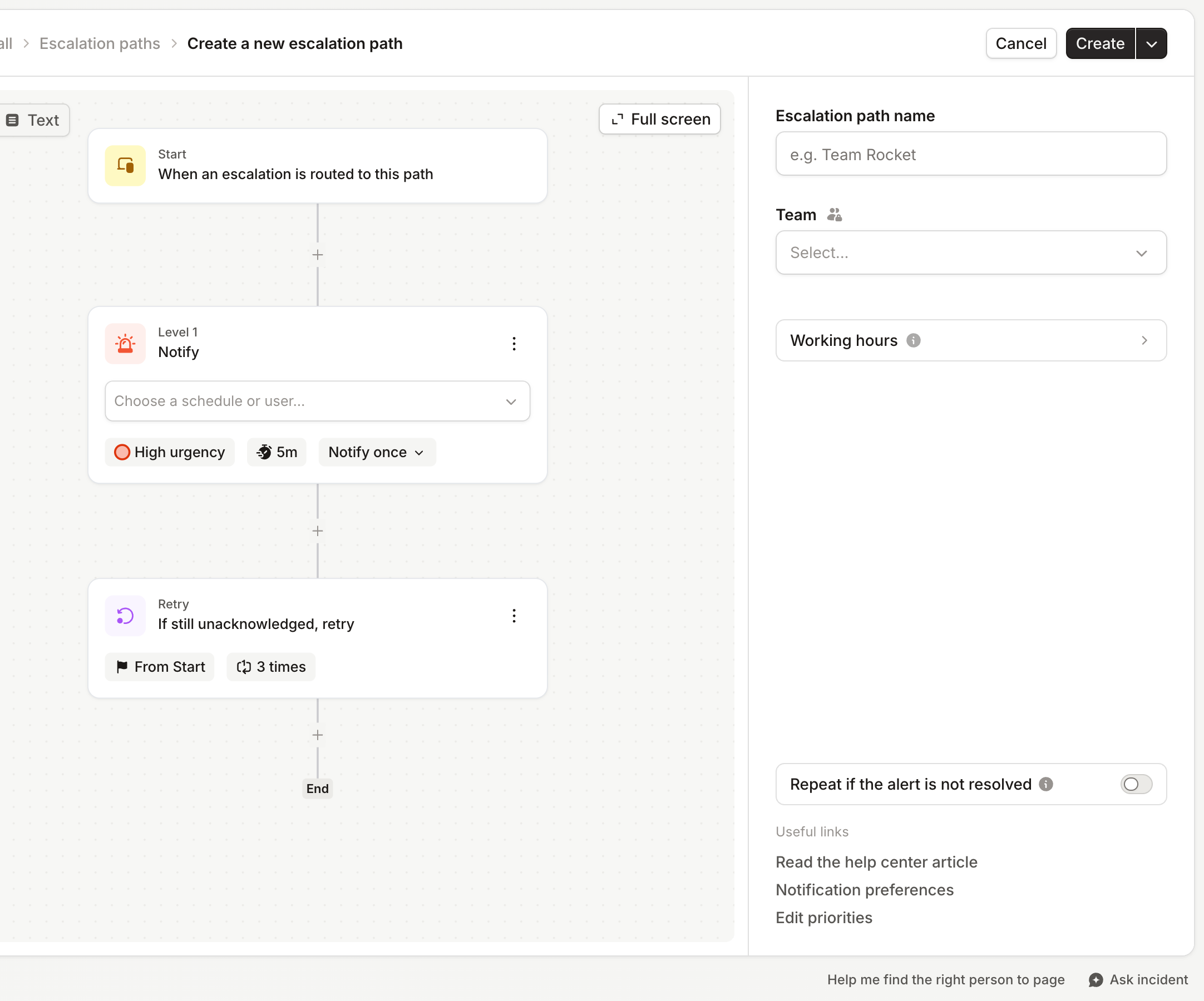 Create a new escalation path page, with a Level 1 Notify step asking you to choose a schedule or user